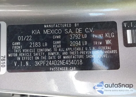 2022 Kia Forte Lxs from USA, damaged, VIN 3KPF24AD2NE454018